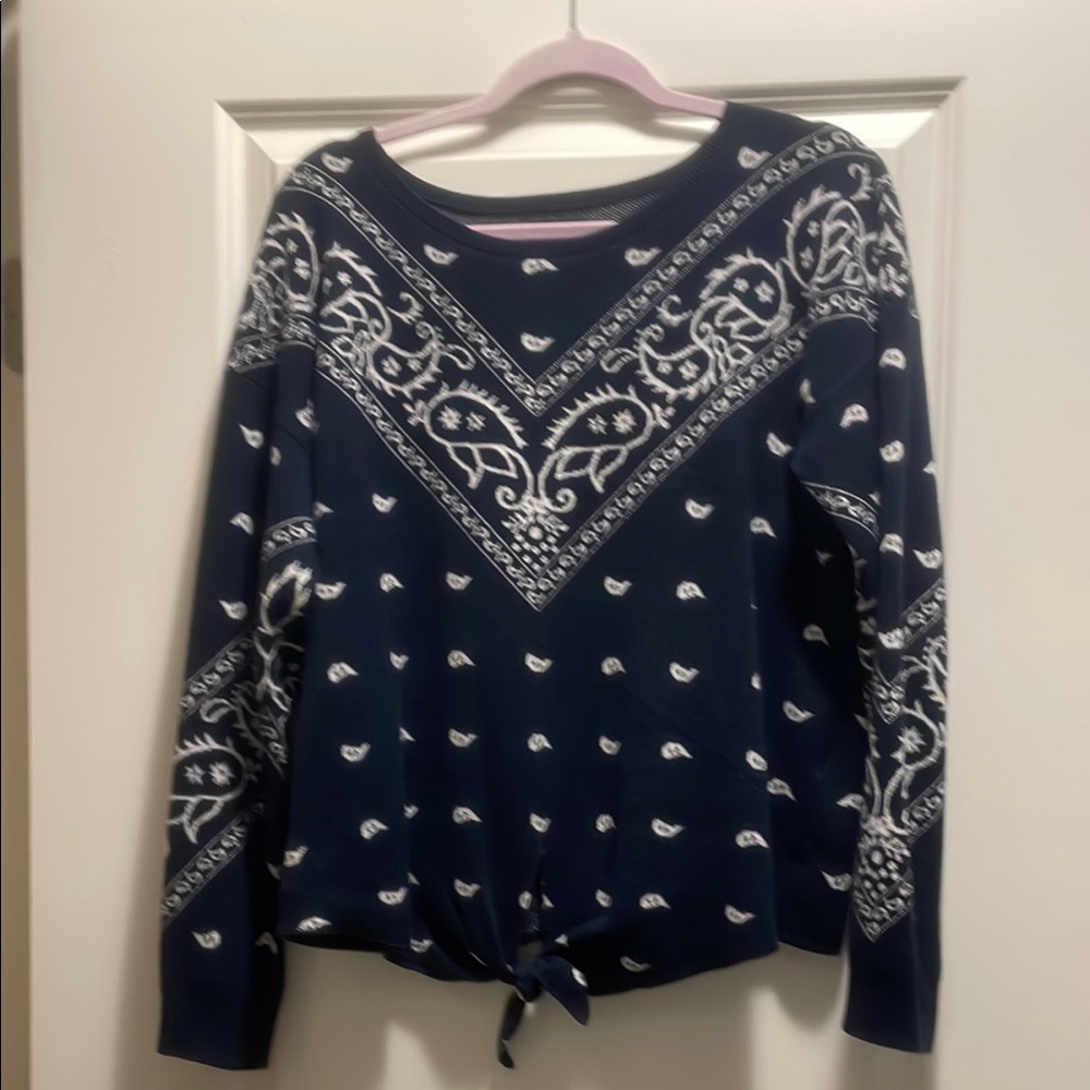Navy Blue Bandana Print Long Sleeve Top
